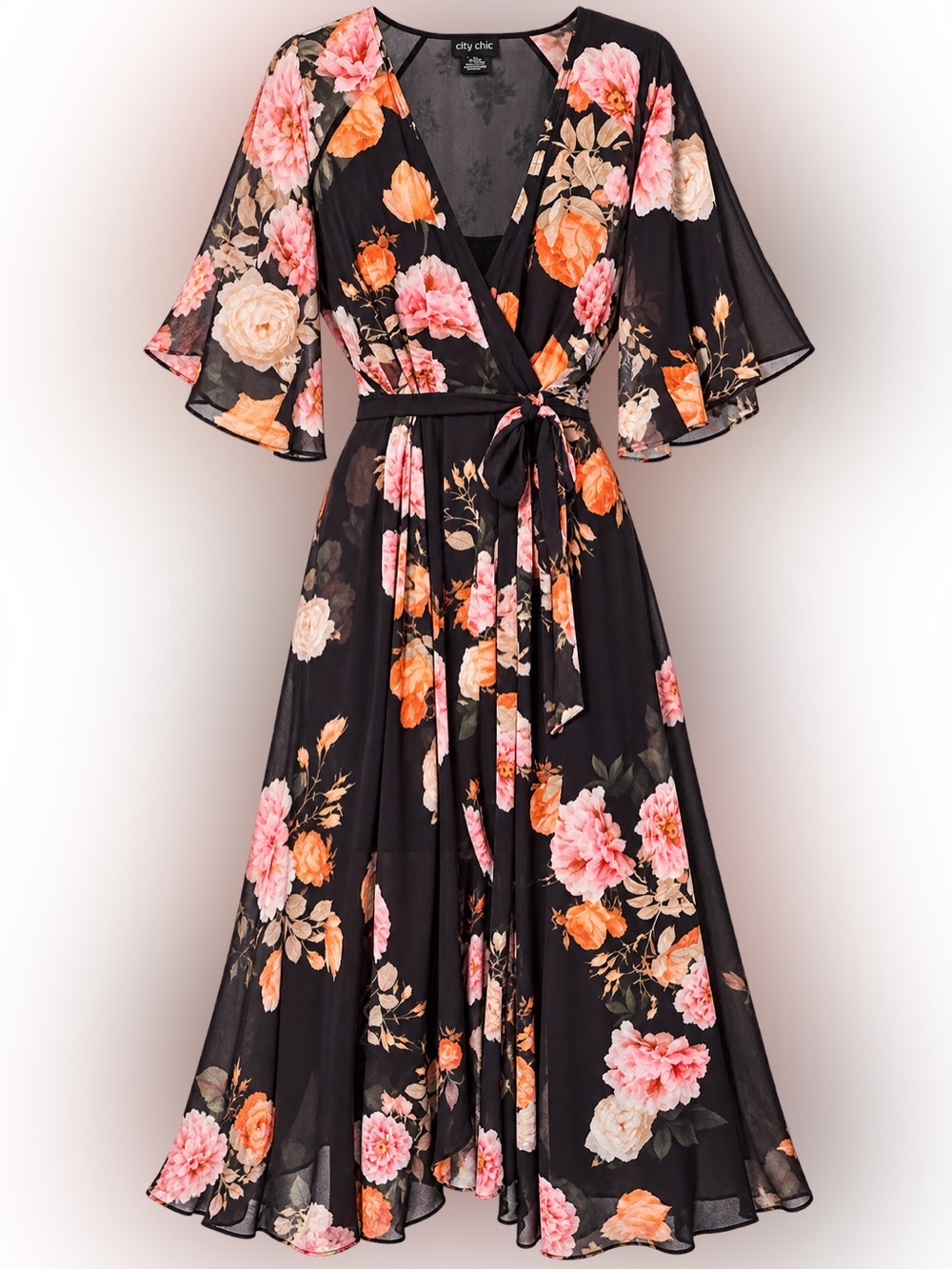 City Chic Black High-Low Floral Wrap Dress with Pink & Peach Blooms. Size 22 - Picture 3 of 4